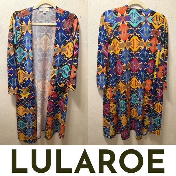 LuLaRoe Sweaters - LuLaRoe Blue Yellow Long Duster Cardigan Colorful Geometric Print Spring Size S